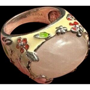 David Sigal Enamel & Sterling Silver Ring Floral Design & Pink Gemstone Size 6